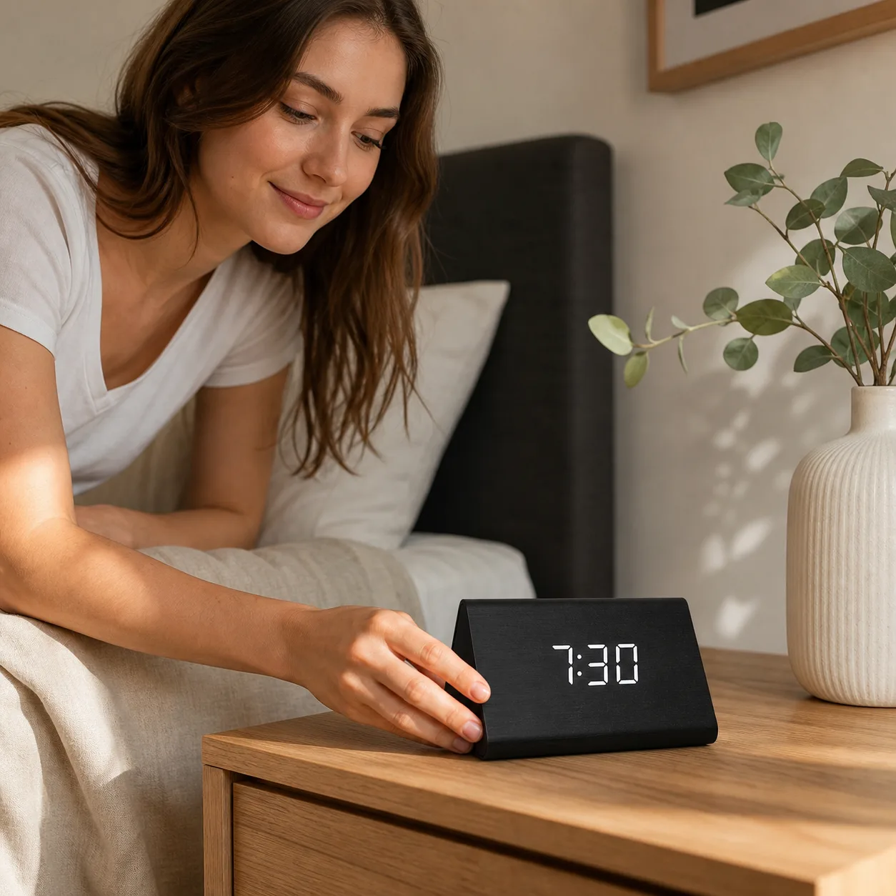 Black Wood LED Alarm Clock on Bedroom Nightstand Black Wood LED Alarm Clock on Bedroom Nightstand