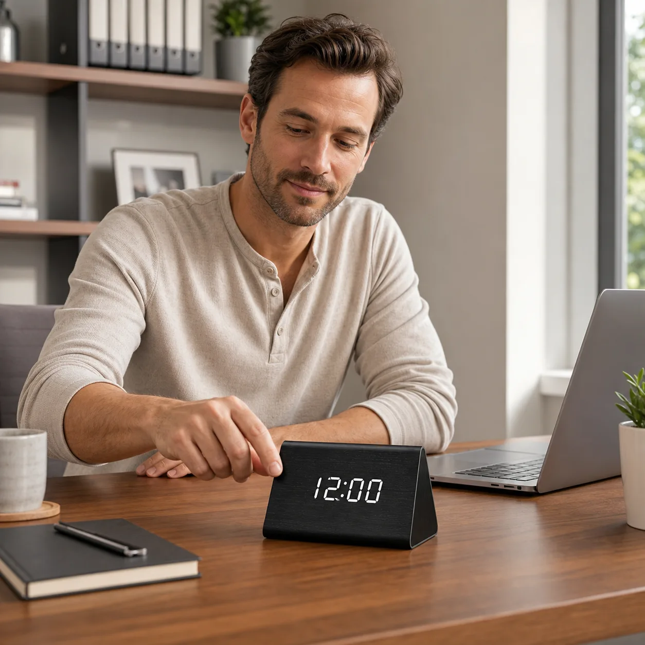 Black Wood LED Desk Clock in Home Office Black Wood LED Desk Clock in Home Office