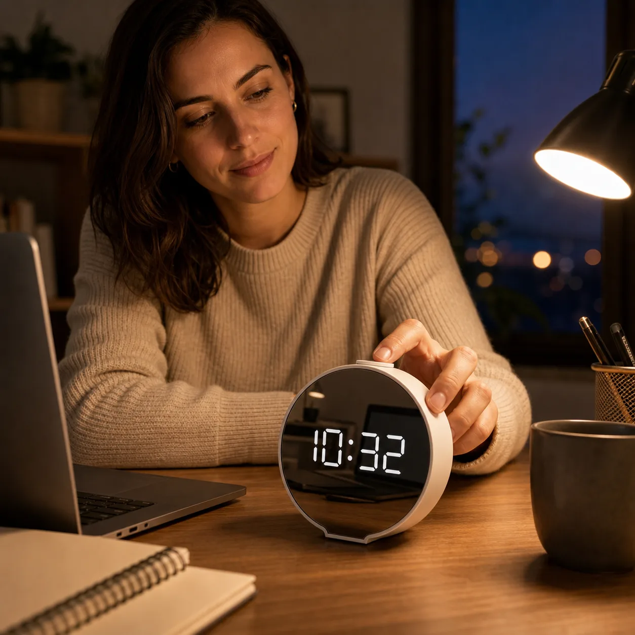 Evening Desk Setup with Round Mirror Clock Evening Desk Setup with Round Mirror Clock