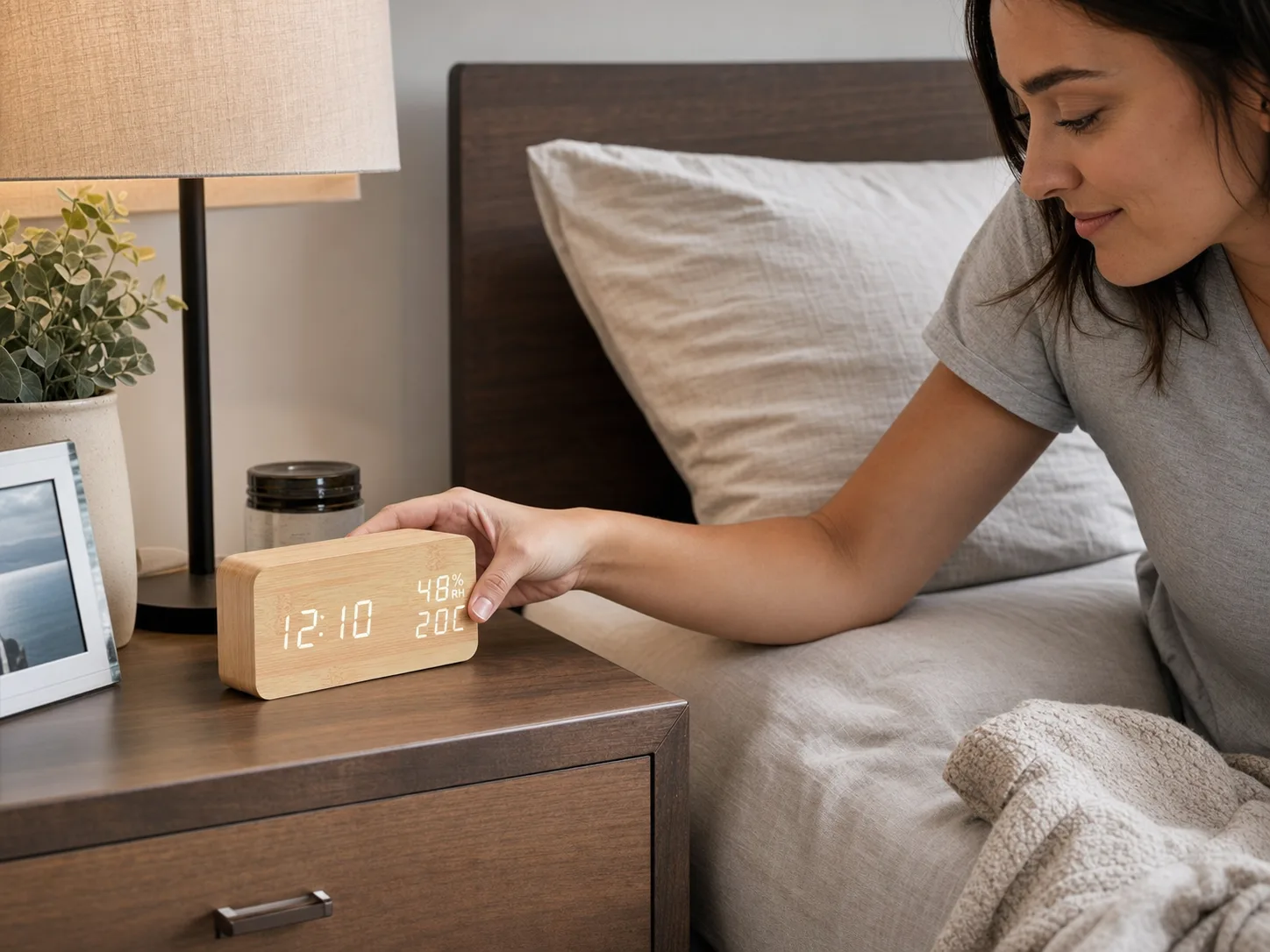 Light Wood Digital Alarm Clock on Bedroom Nightstand Light Wood Digital Alarm Clock on Bedroom Nightstand