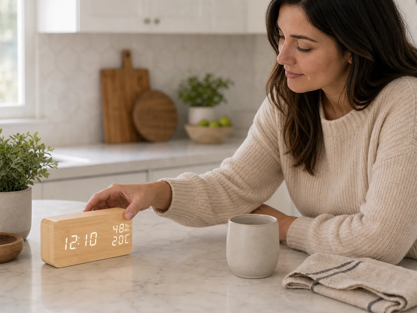 Light Wood Digital Alarm Clock on Kitchen Counter Light Wood Digital Alarm Clock on Kitchen Counter