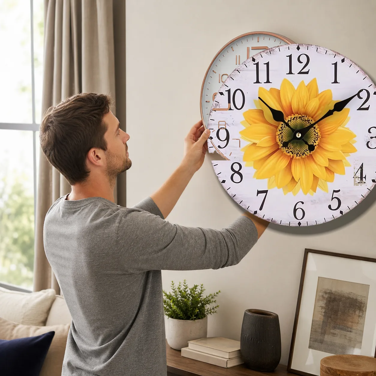 Rustic Sunflower Wall Clock Living Room Installation Rustic Sunflower Wall Clock Living Room Installation