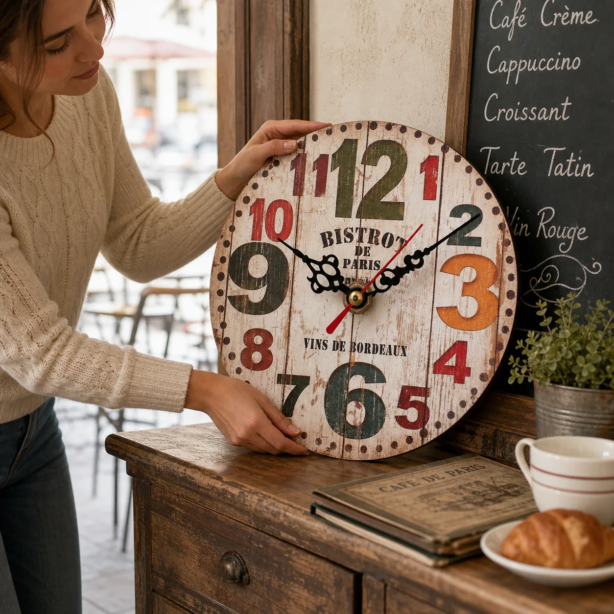 Placing rustic Paris bistro clock on cafe sideboard Placing rustic Paris bistro clock on cafe sideboard