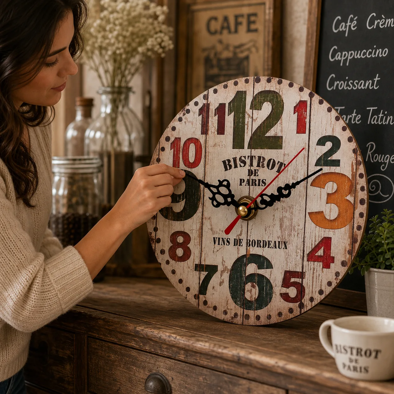 Adjusting rustic Paris bistro clock hands Adjusting rustic Paris bistro clock hands