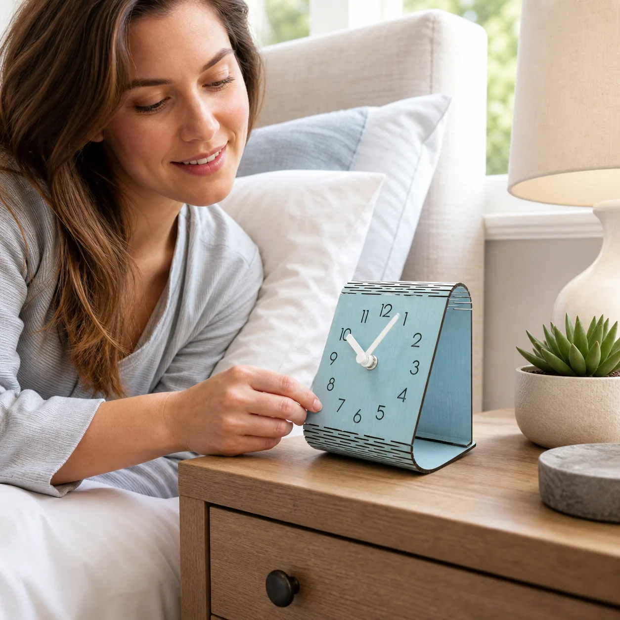Modern wooden desk clock on a bedroom nightstand Modern wooden desk clock on a bedroom nightstand