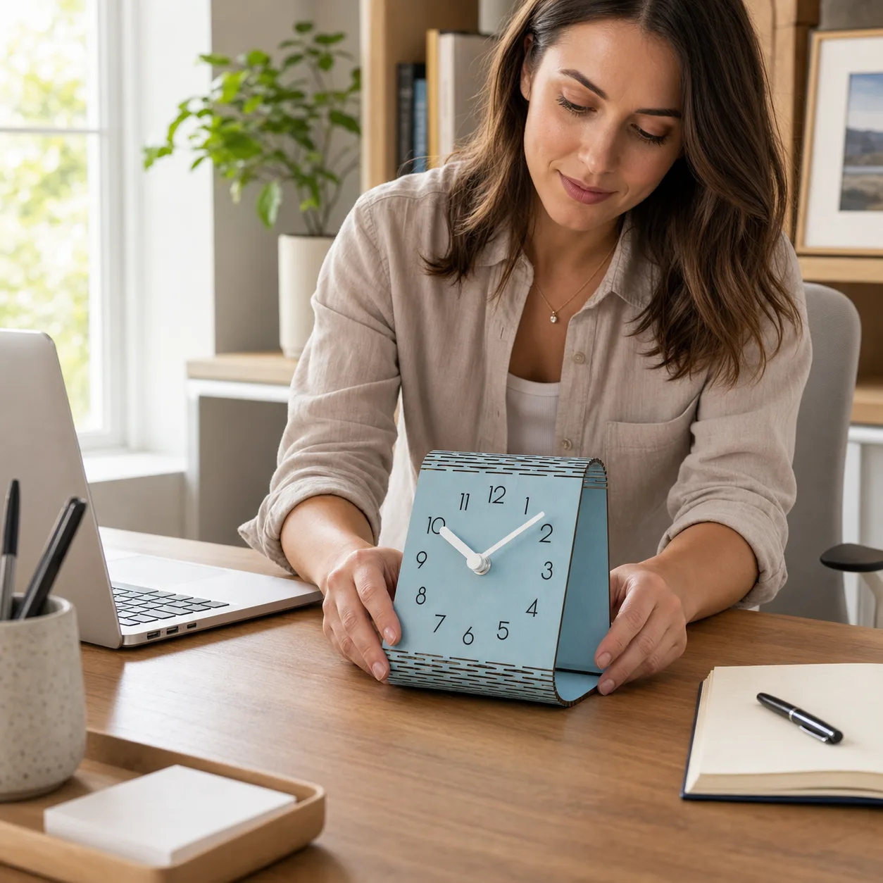 Light blue arched desk clock in a home office Light blue arched desk clock in a home office