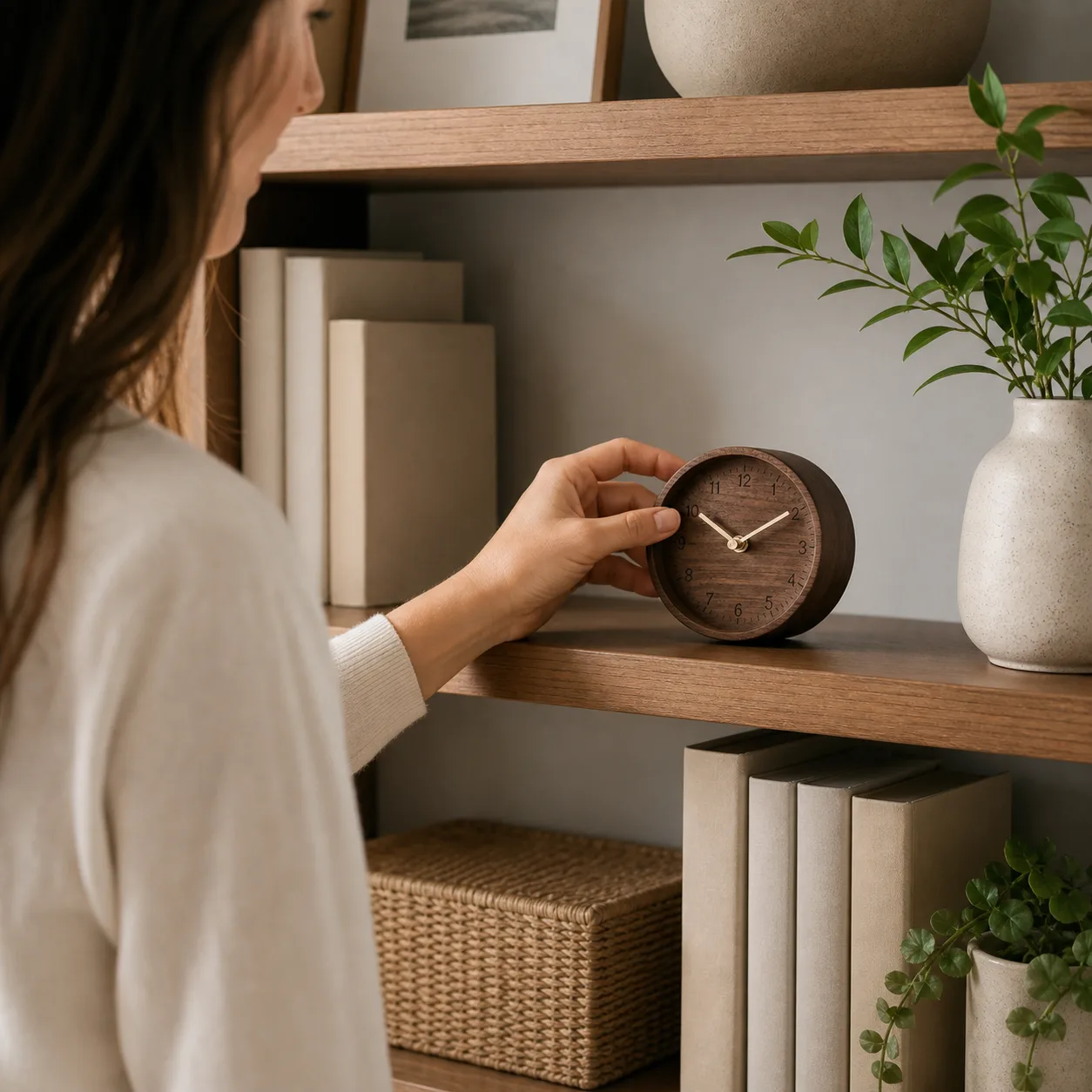 Walnut Wooden Desk Clock on Bookshelf Walnut Wooden Desk Clock on Bookshelf