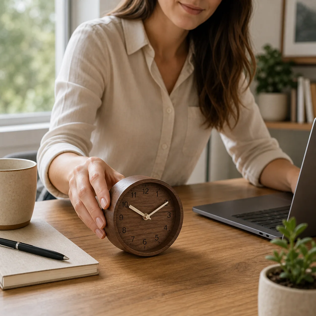 Minimalist Walnut Desk Clock in Home Office Minimalist Walnut Desk Clock in Home Office