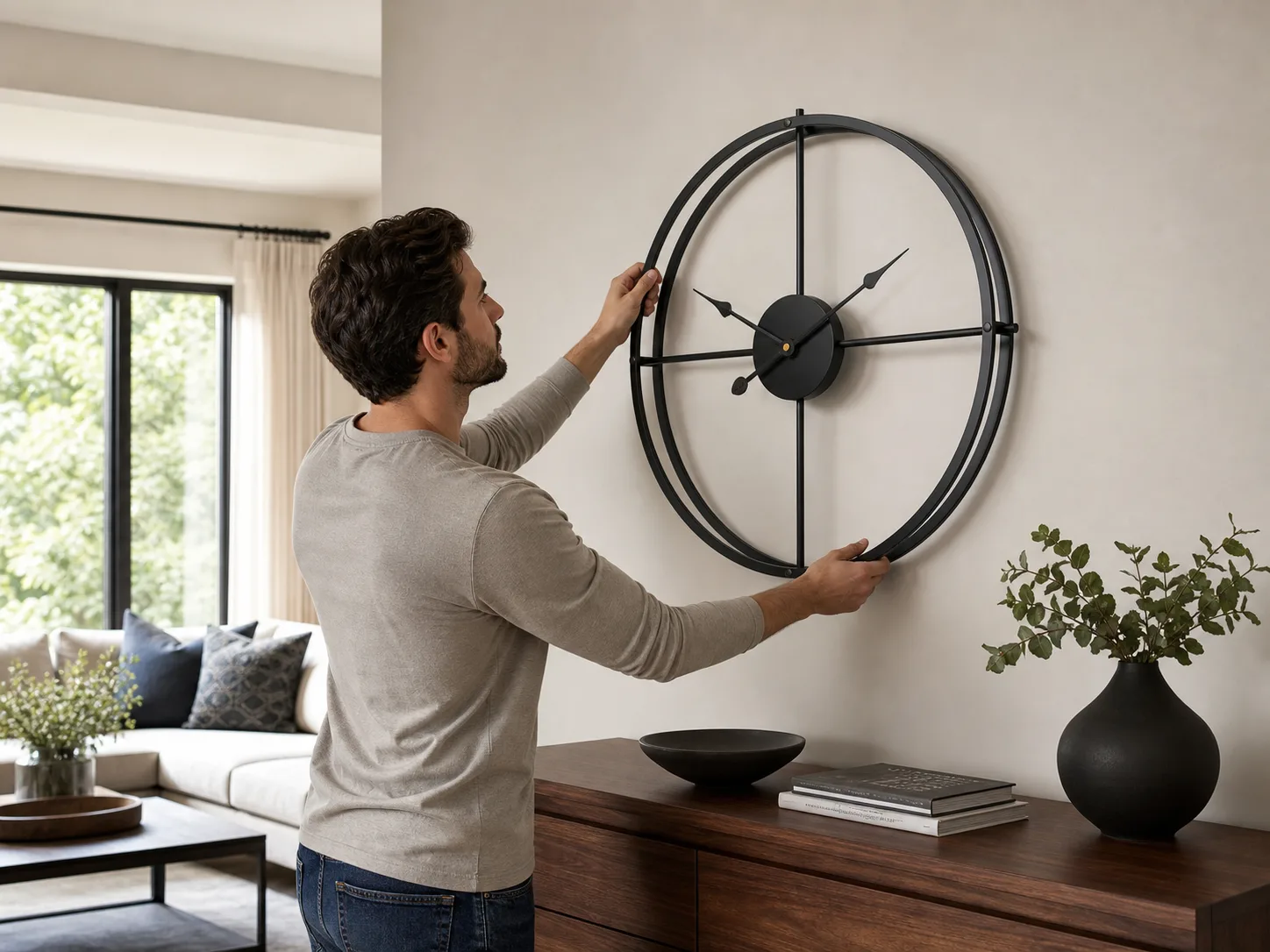 Geometric Metal Wall Clock Gold Black Living Room Installation Geometric Metal Wall Clock Gold Black Living Room Installation