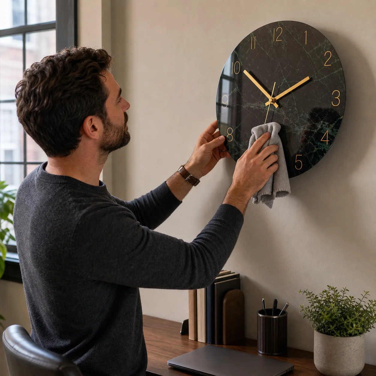 Dark Marble Glass Wall Clock Home Office Detail Dark Marble Glass Wall Clock Home Office Detail