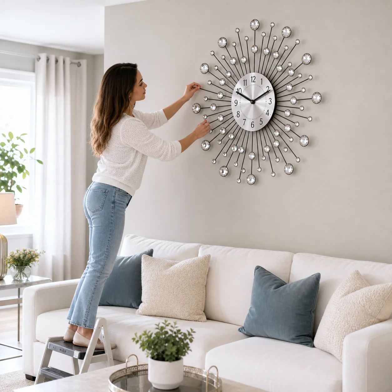 Crystal Starburst Wall Clock Above a Living Room Sofa Crystal Starburst Wall Clock Above a Living Room Sofa
