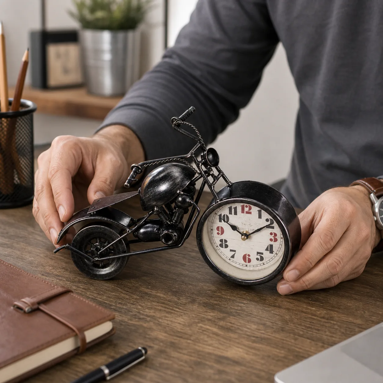 Vintage Motorcycle Desk Clock Placed on a Home Office Desk Vintage Motorcycle Desk Clock Placed on a Home Office Desk