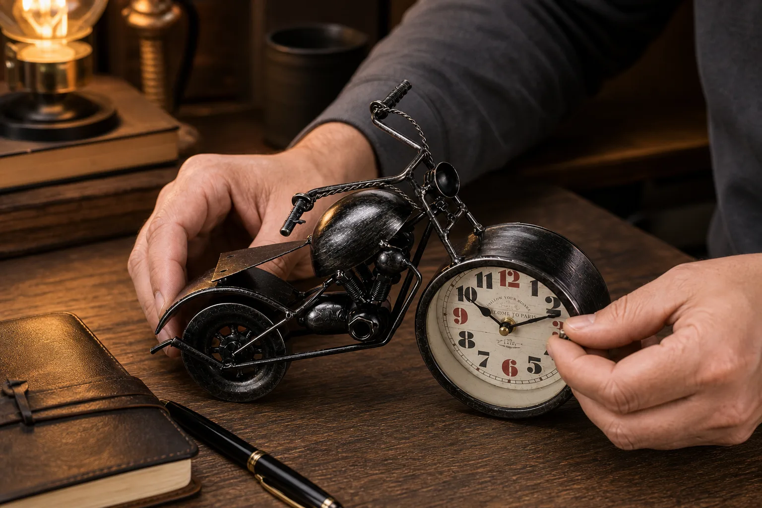 Vintage Motorcycle Desk Clock Adjusted Under Warm Lamp Light Person hands adjusting the clock face on a rustic metal chopper motorcycle tabletop desk clock