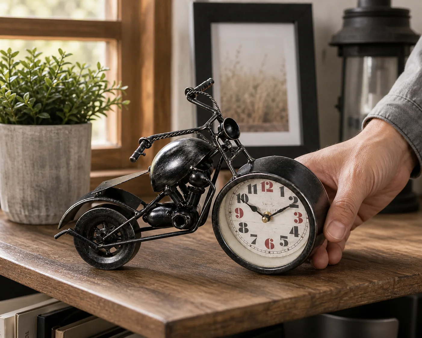 Vintage Motorcycle Desk Clock Styled on a Rustic Shelf Vintage Motorcycle Desk Clock Styled on a Rustic Shelf
