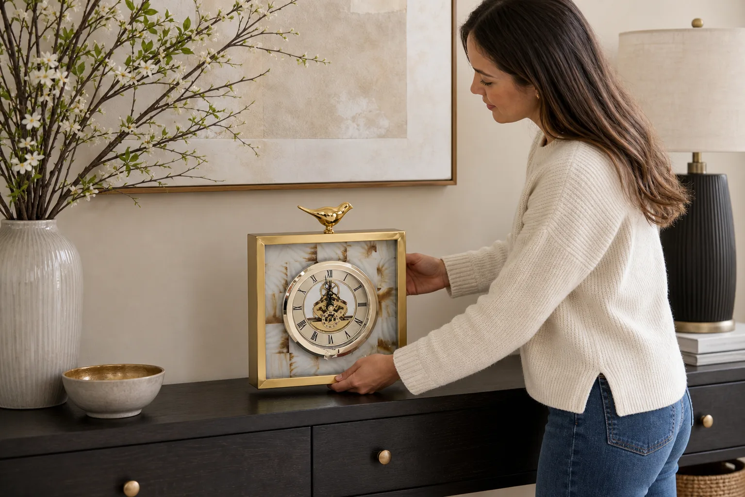 Luxury Gold Bird Desk Clock on a Console Table Luxury Gold Bird Desk Clock on a Console Table