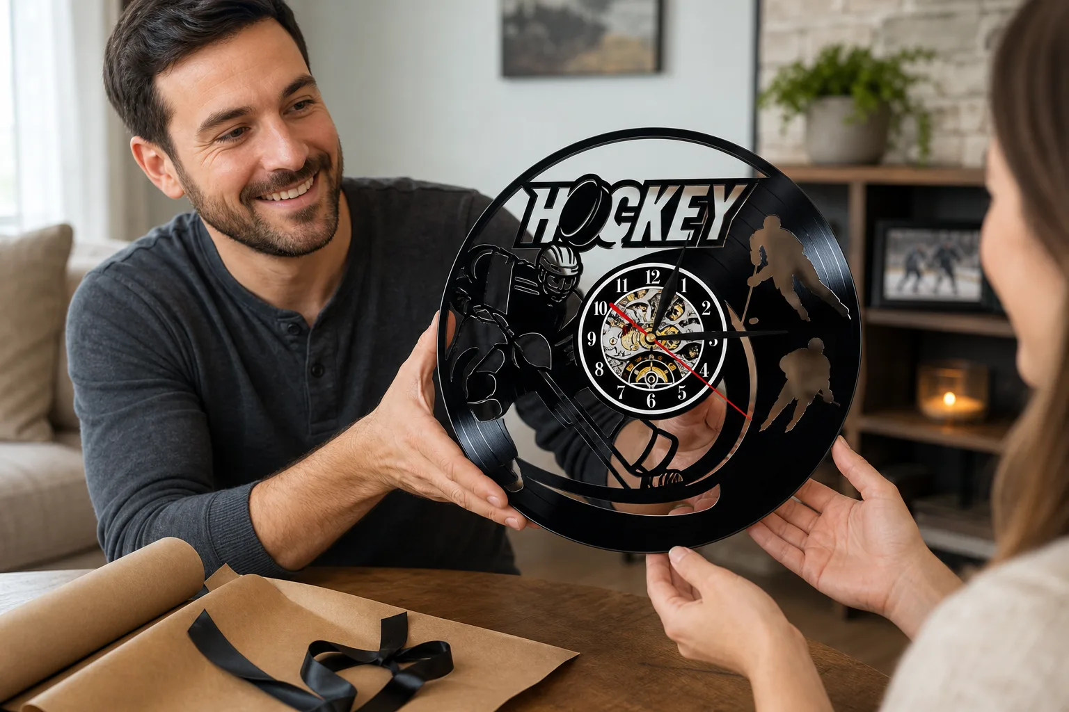 Hockey Player Vinyl Clock Gift Moment Person gifting a hockey player vinyl record wall clock in a living room