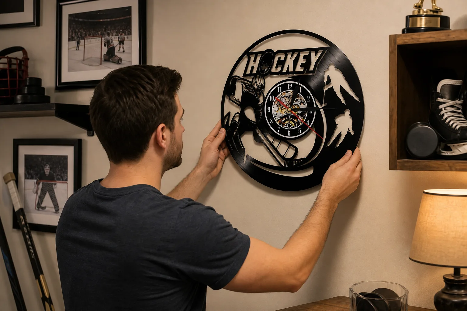 Hockey Player Vinyl Record Wall Clock in Sports Room Hockey Player Vinyl Record Wall Clock in Sports Room