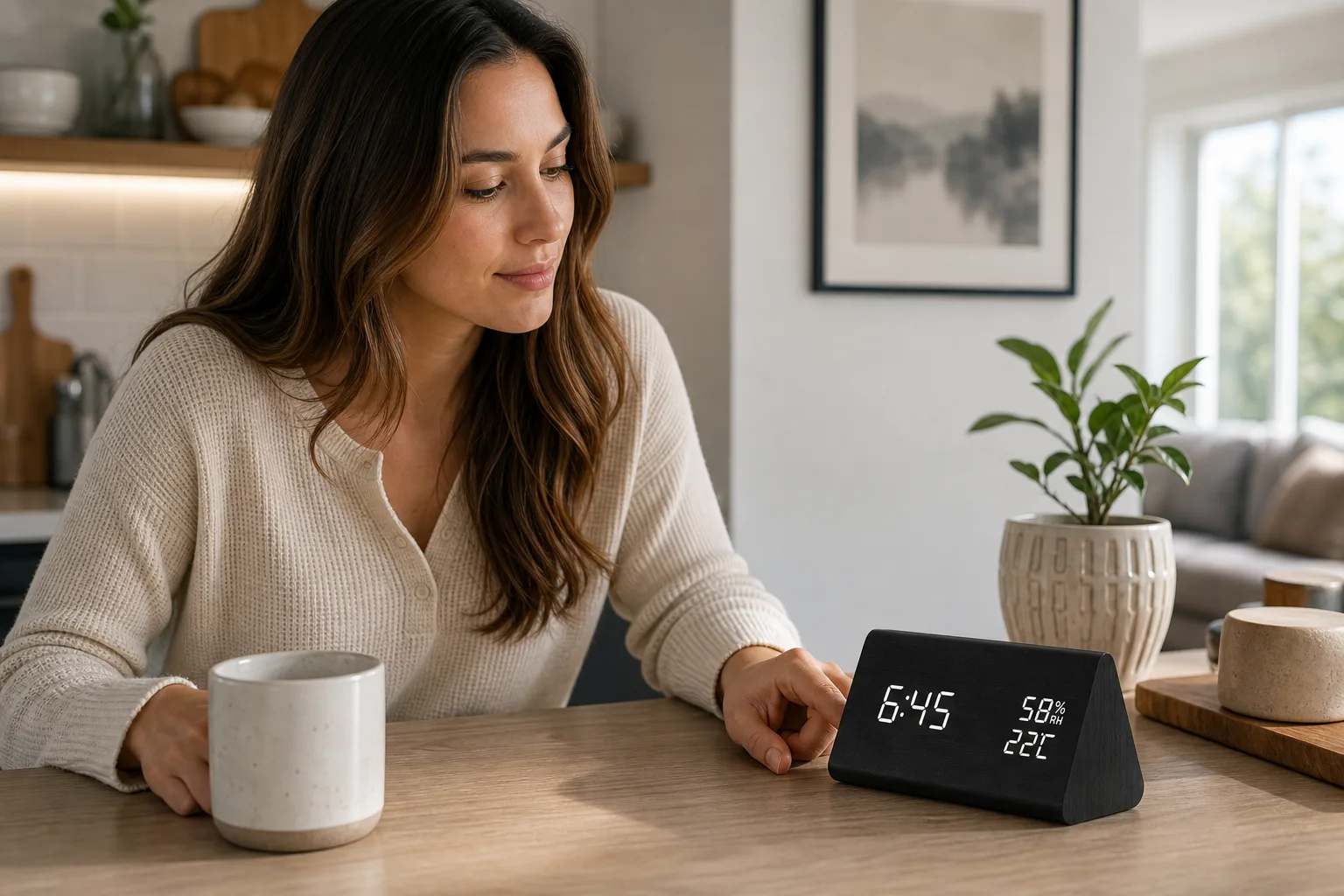 Checking Time on a Wood LED Alarm Clock Checking Time on a Wood LED Alarm Clock