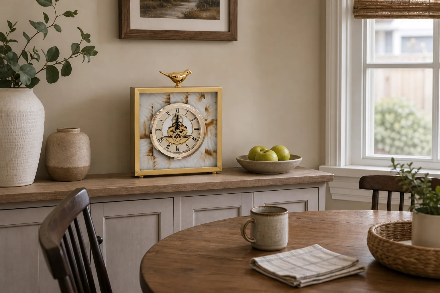 Gold Bird Desk Clock in a Small Dining Nook Luxury gold frame desk clock with bird figurine on a dining nook cabinet near a round table and window.