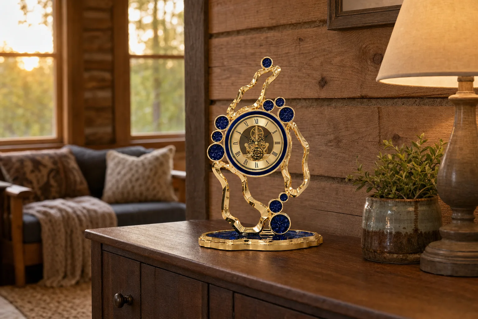 Mechanical Gear Clock Enamel in Warm Cabin Living Room Gold and cobalt enamel mechanical gear tabletop clock on a wood cabinet in a cabin living room