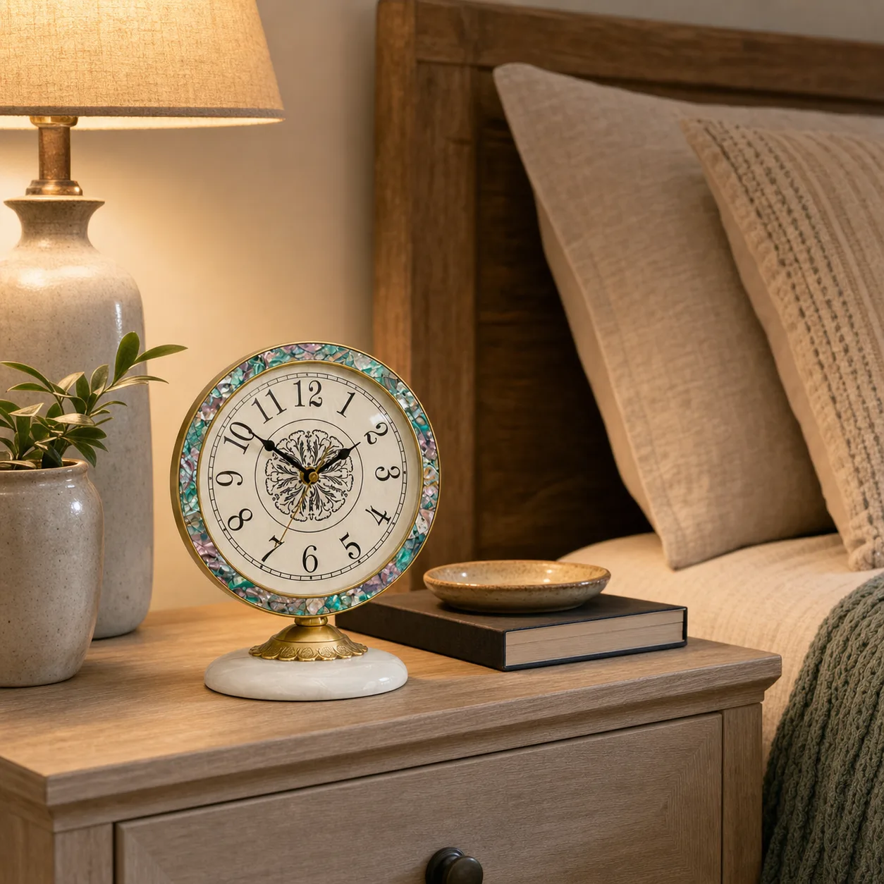Abalone Inlay Desk Clock on Bedroom Nightstand Abalone shell inlay desk clock with marble base on a bedroom nightstand beside a lamp and soft bedding.