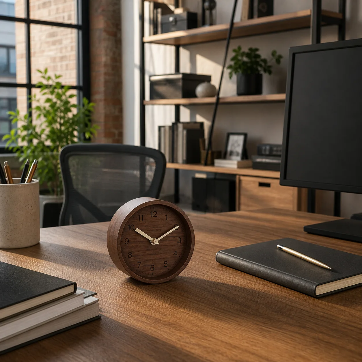 Walnut Desk Clock in Loft Office Minimalist walnut wooden desk clock on a home office desk with shelves and a monitor in late afternoon light