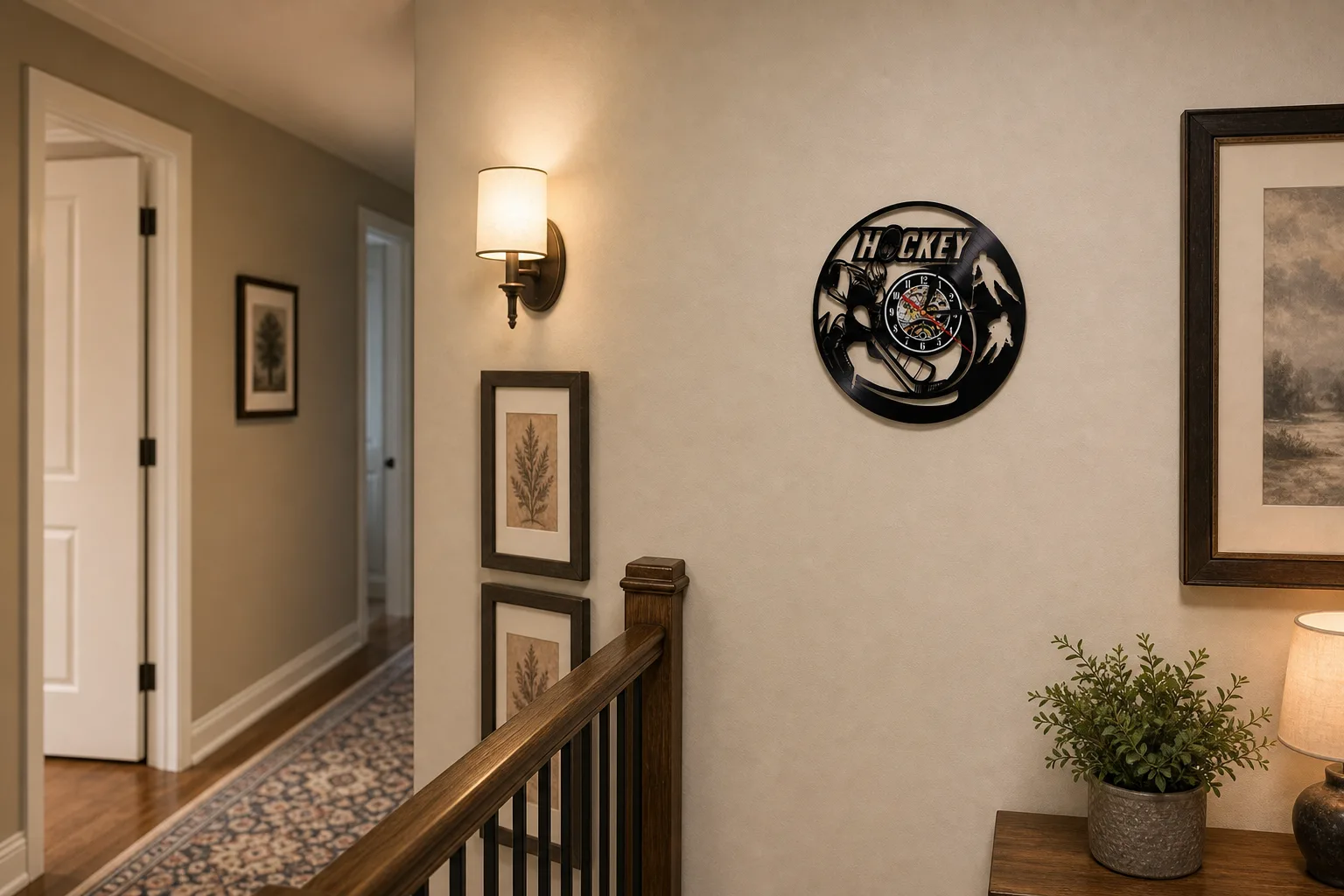 Hockey Vinyl Record Wall Clock on Stair Landing Black hockey player vinyl record wall clock mounted on a warm stair landing wall with a banister and framed decor.