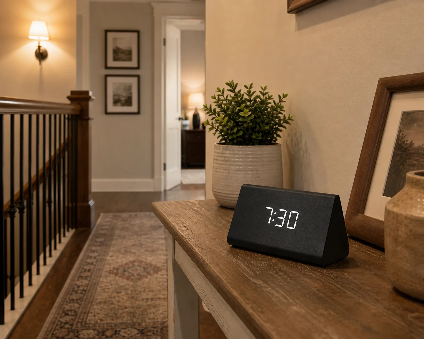 Modern Wood LED Alarm Clock on Stair Landing Console Black wood LED digital alarm clock on a console table beside a stair landing with warm hallway lighting.