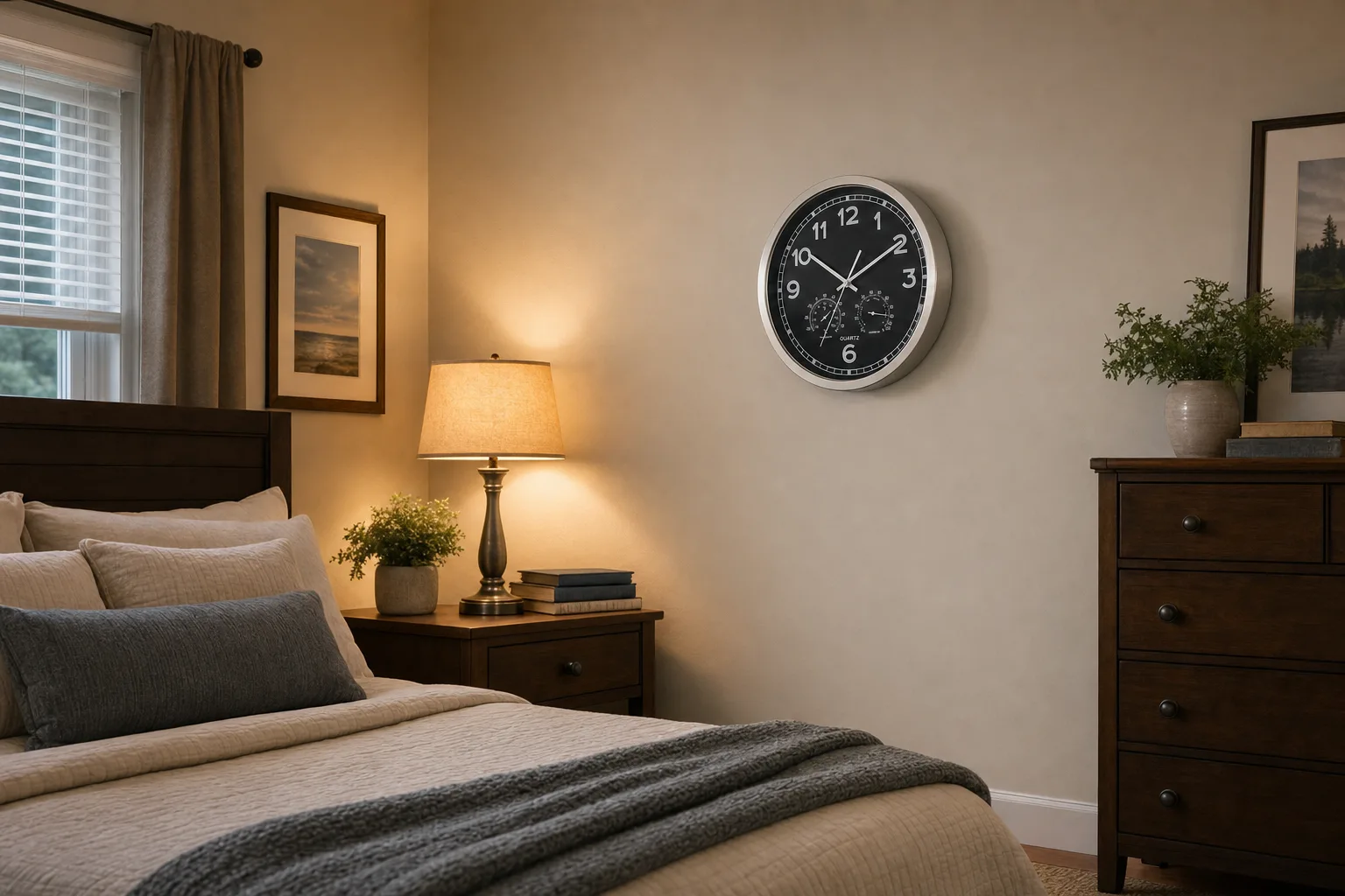 Modern Wall Clock in a Warm Bedroom Black and silver modern wall clock with thermometer and hygrometer on a modest bedroom wall.