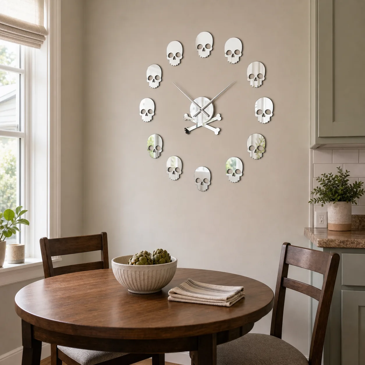 Skull Mirror Wall Clock in a Dining Nook Large silver skull mirror wall clock above a round dining table in a small family dining nook.