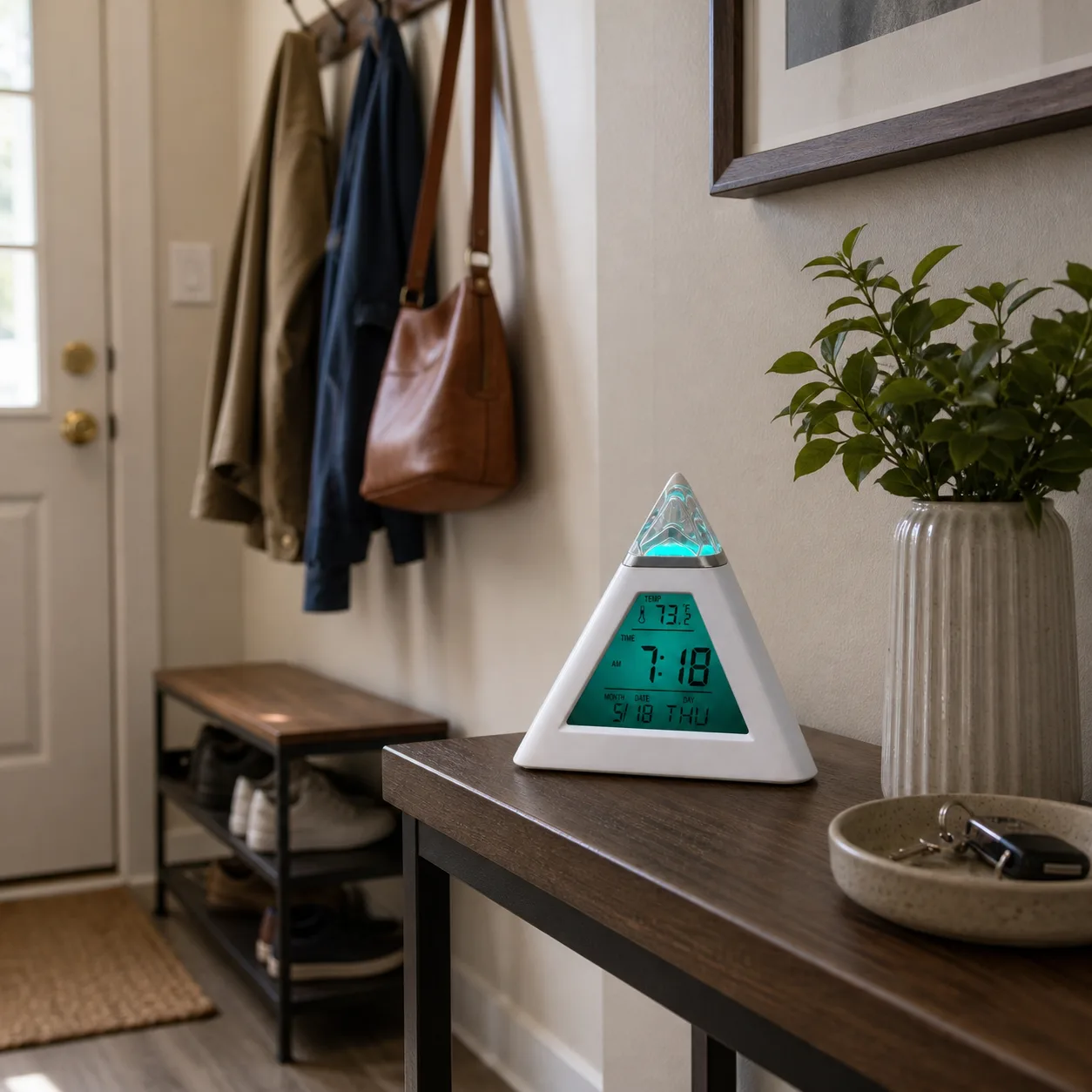 Modern Triangular Digital Alarm Clock on Entryway Console Modern triangular digital alarm clock with teal display on an entryway console table near coat hooks and a shoe bench.