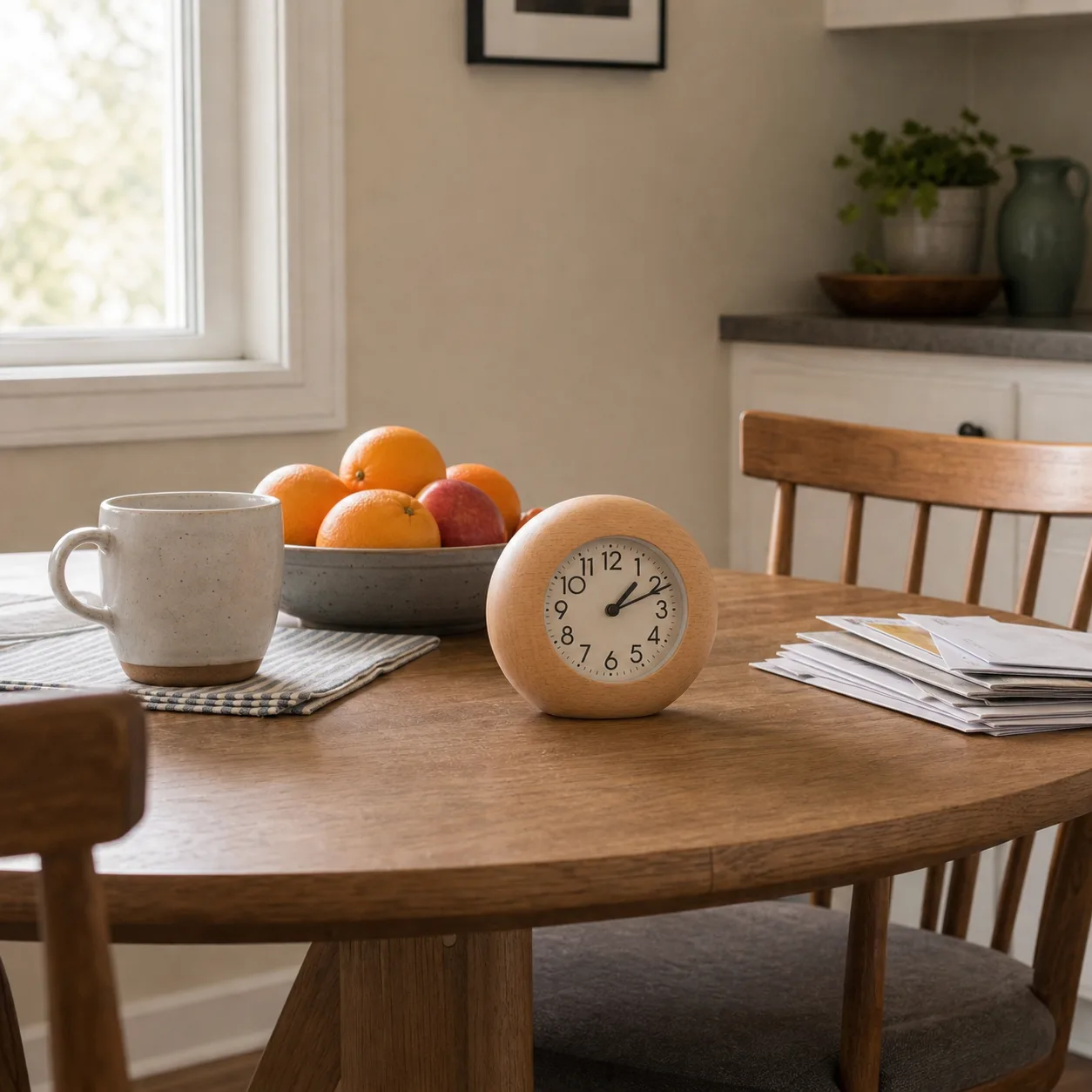 Modern Wooden Alarm Clock in Dining Nook Small round wooden alarm clock on a dining nook table with chairs, cabinets, and soft daylight