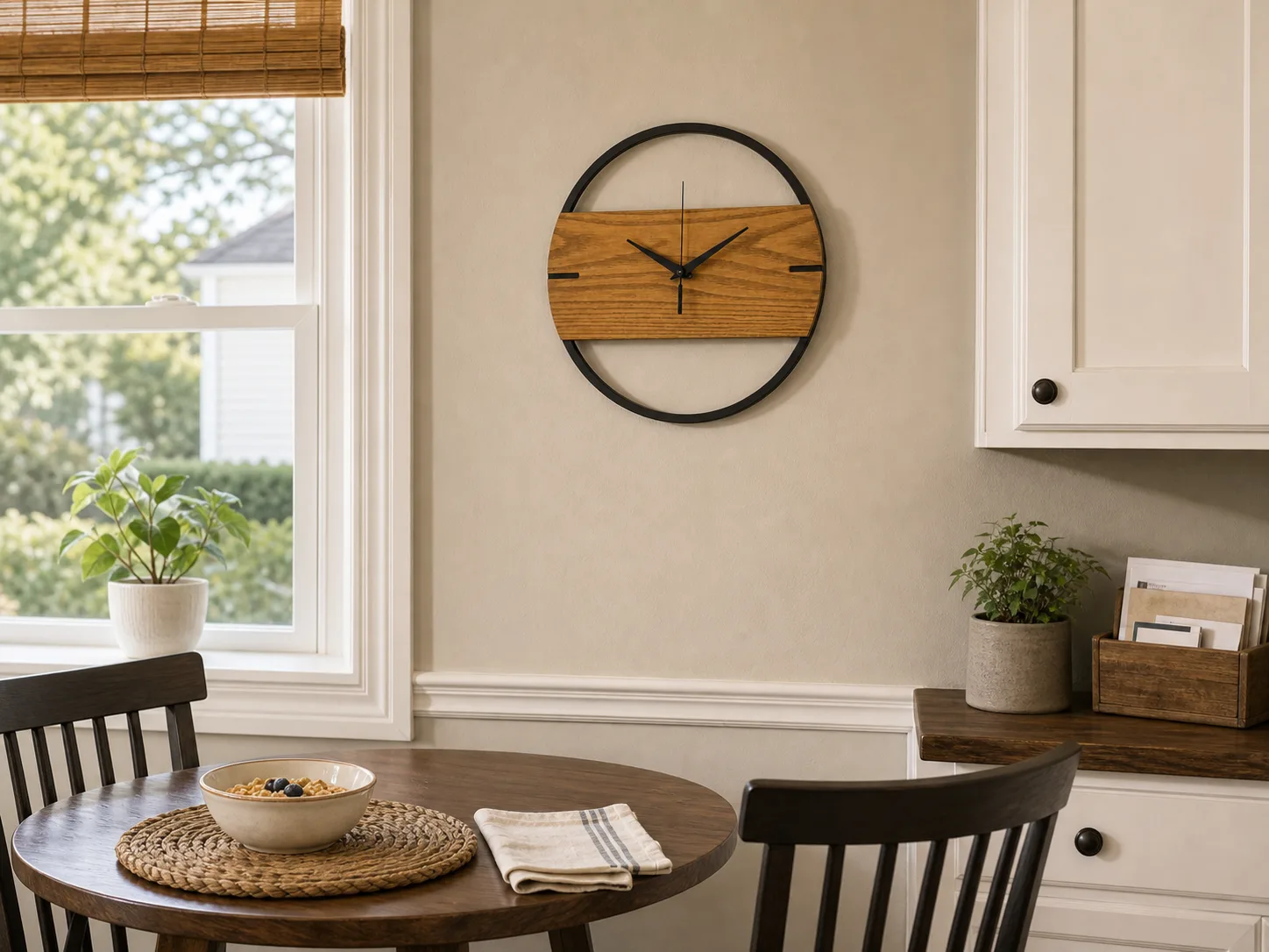 Wood and Metal Wall Clock in a Dining Nook Modern wood and black metal wall clock mounted above a small dining nook with a round table and window trim.