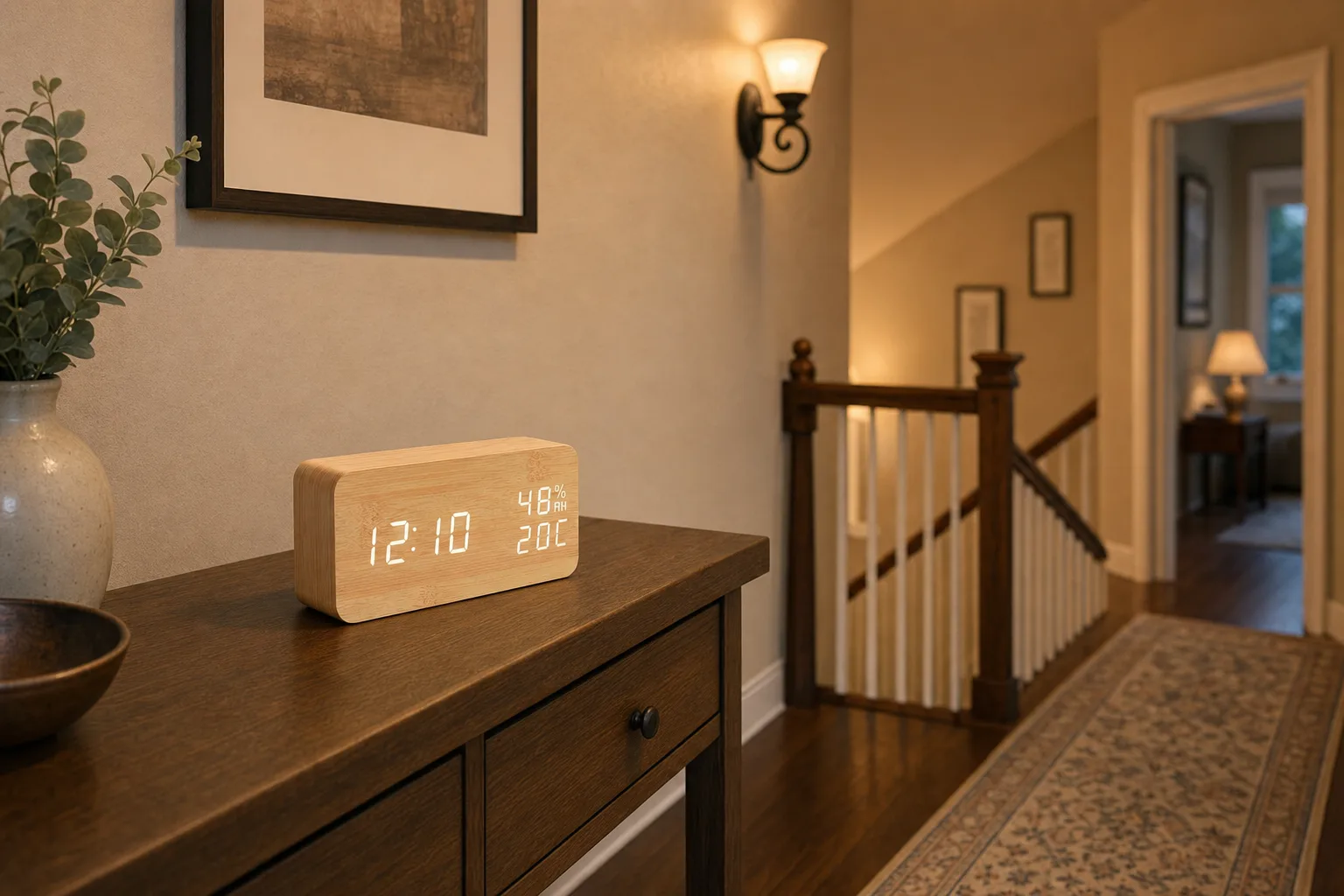 Wood Grain Digital Alarm Clock on Stair Landing Console Modern wood grain digital alarm clock on a stair landing console with warm hallway lighting