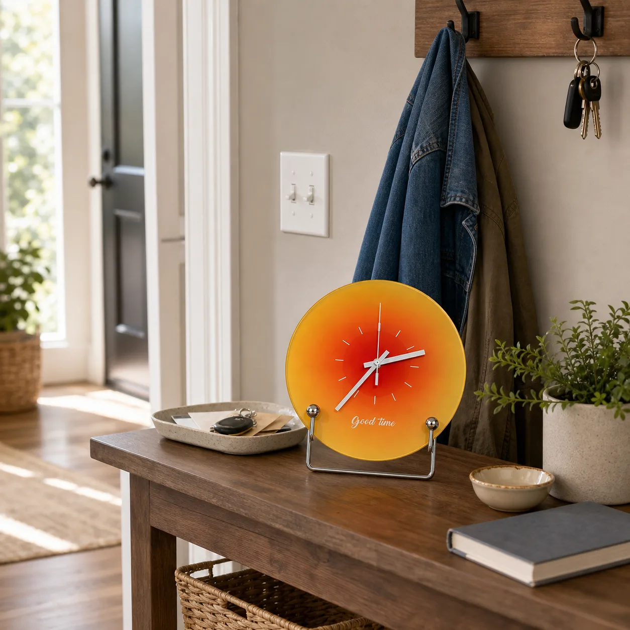 Sunset Glass Desk Clock on Entryway Console Round sunset glass desk clock with chrome stand on an entryway console table near hooks and a light switch