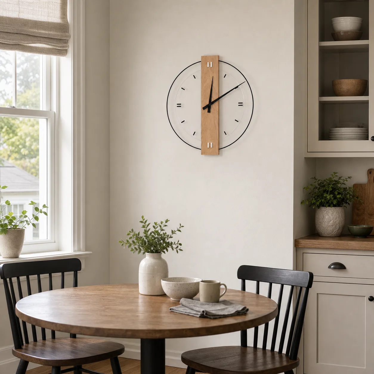 Minimalist Wood and Acrylic Wall Clock in a Dining Nook Minimalist wood and acrylic wall clock mounted above a round dining table with two chairs.