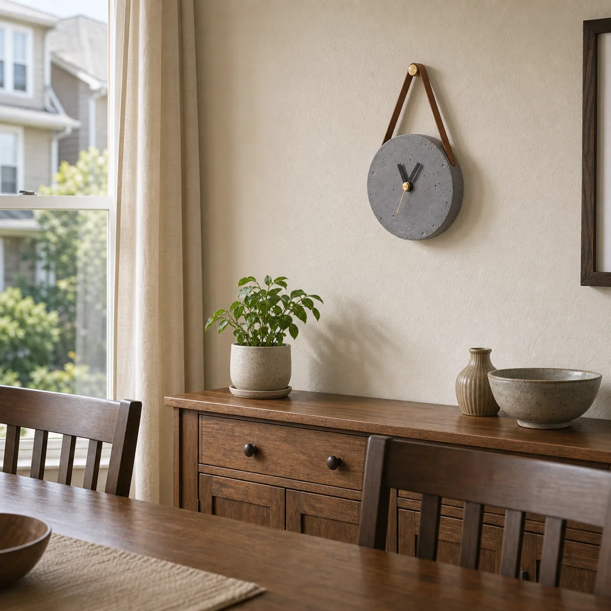 Concrete Clock in a Townhouse Dining Room Minimalist concrete wall clock with a brown leather strap above a wood dining room sideboard.