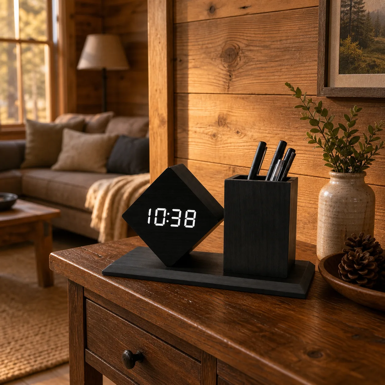 Wooden Digital Clock Pen Holder in Cabin Living Room Black wooden digital alarm clock and pen holder on a table in a warm wood cabin living room.