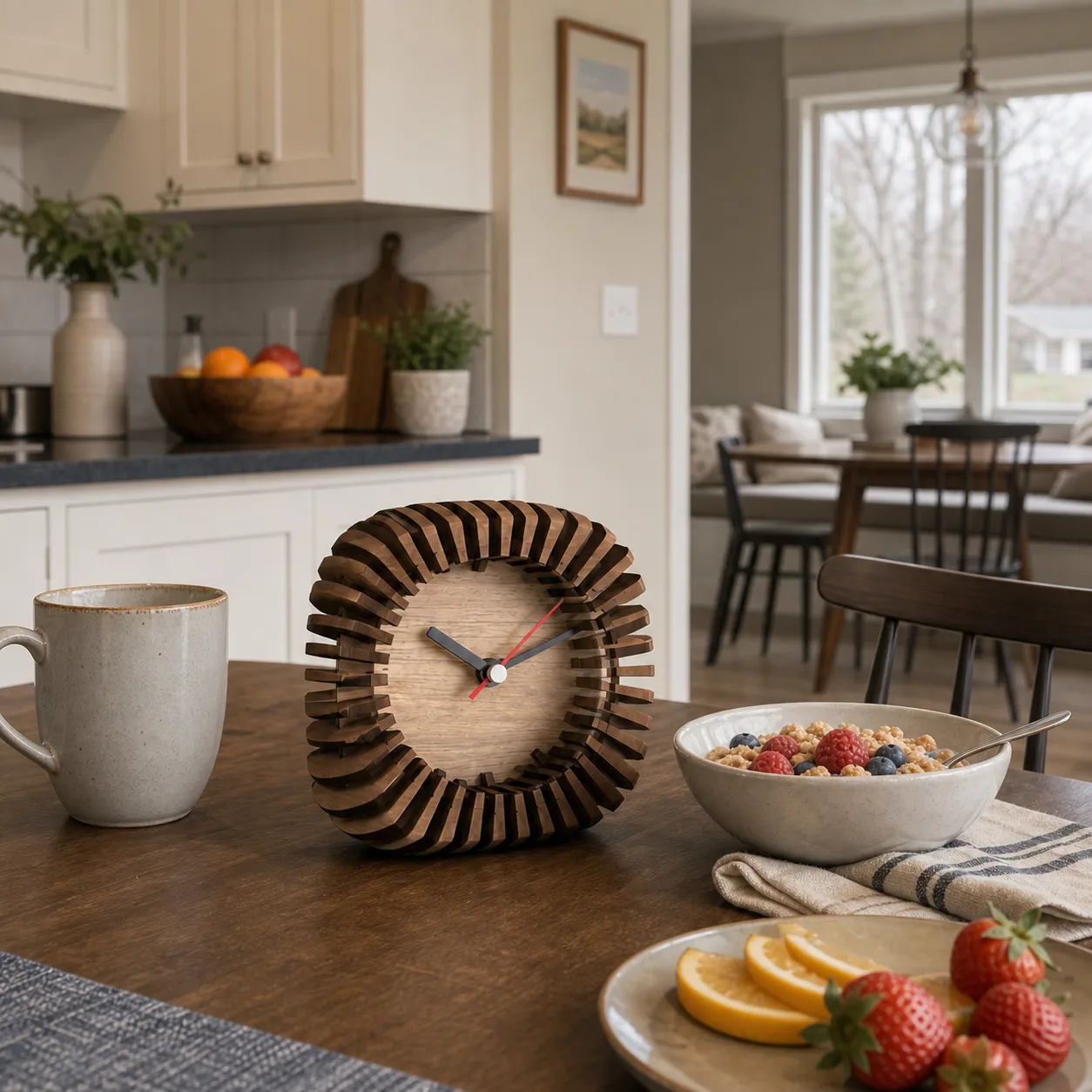 Modern Wooden Desk Clock in Kitchen Nook Layered wooden desk clock on a breakfast table in an open-plan ranch kitchen nook