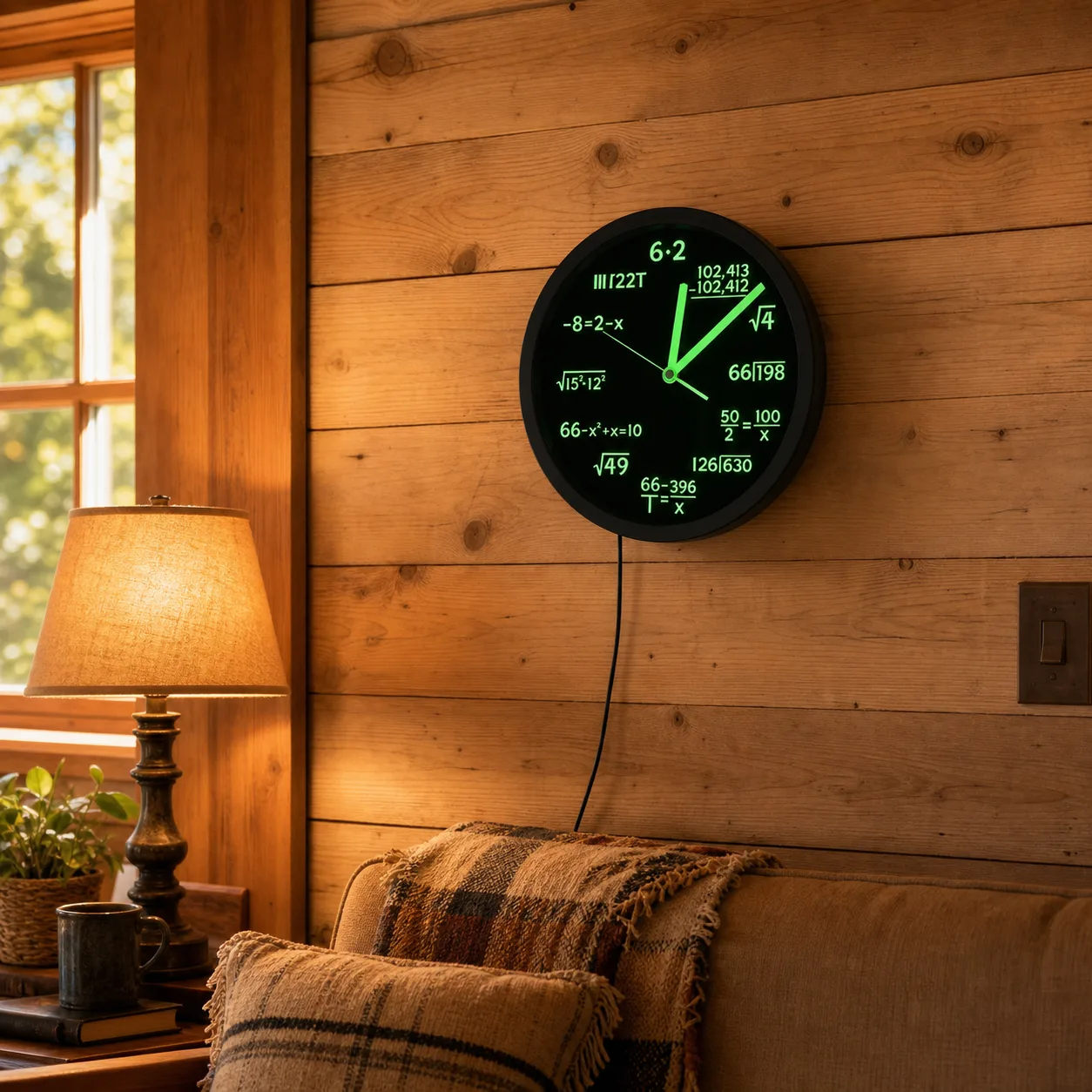 LED Math Equation Wall Clock on a Cabin Wood Wall LED math equation wall clock mounted on a warm wood plank cabin wall above a sofa and table lamp.