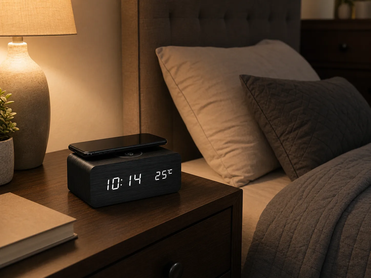 Wood Grain LED Alarm Clock on Bedroom Nightstand Modern wood grain LED alarm clock with wireless charging pad on a nightstand beside soft bedding.