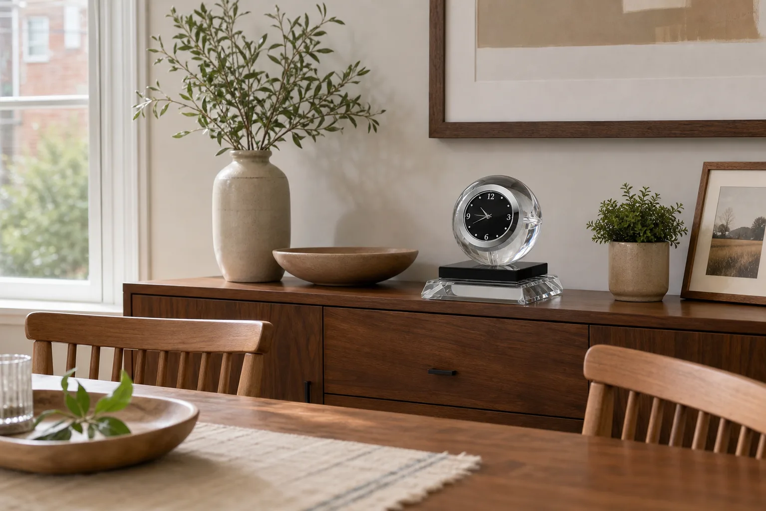 Crystal Ball Desk Clock on Dining Sideboard Luxury crystal ball desk clock on a wood sideboard in a bright suburban dining room