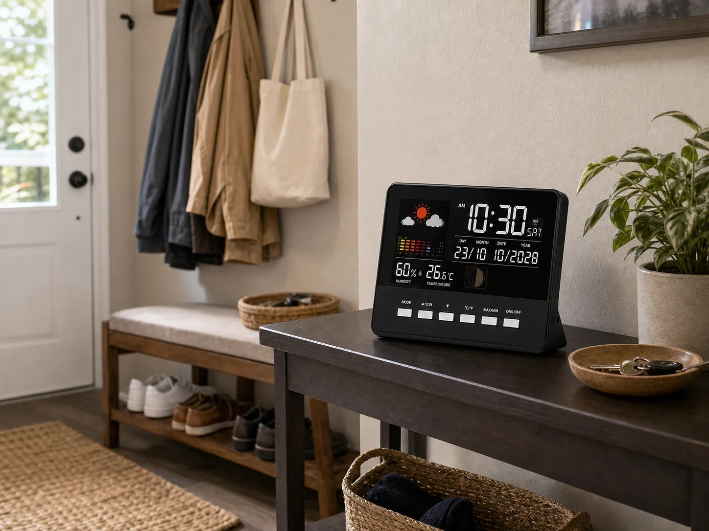 Perpetual Calendar Clock in a Rental Entryway Black multifunctional perpetual calendar clock on a narrow console table in a compact apartment entryway