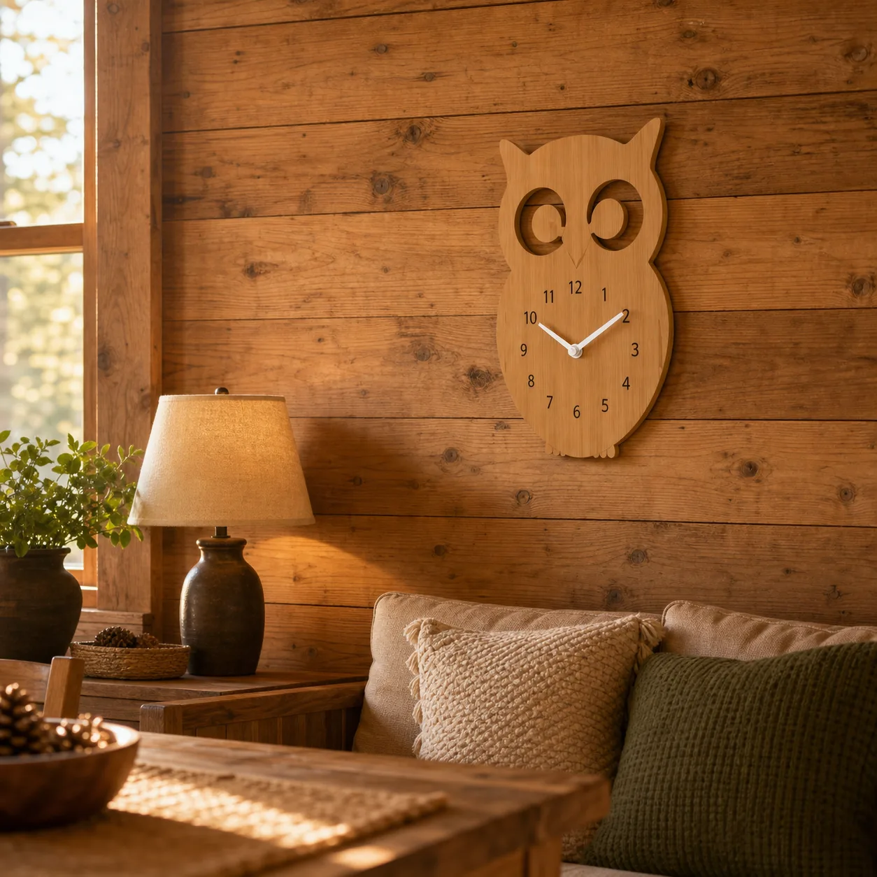 Bamboo Owl Wall Clock in Warm Cabin Living Room Bamboo owl wall clock mounted on a wood plank cabin wall above a simple sofa and lamp.