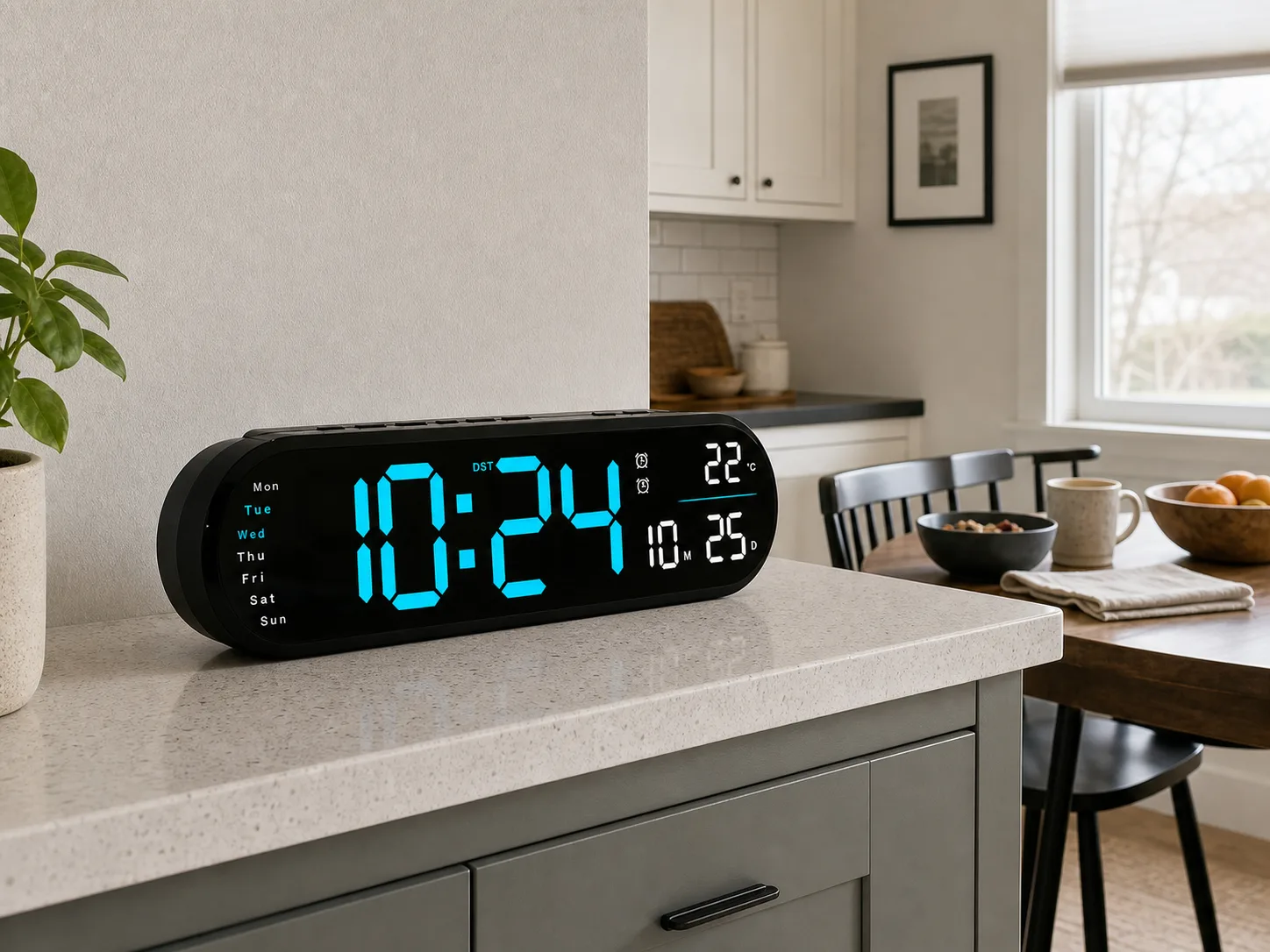 Large LED Digital Alarm Clock on Kitchen Counter Wide black LED digital alarm clock on a kitchen counter beside a dining nook.