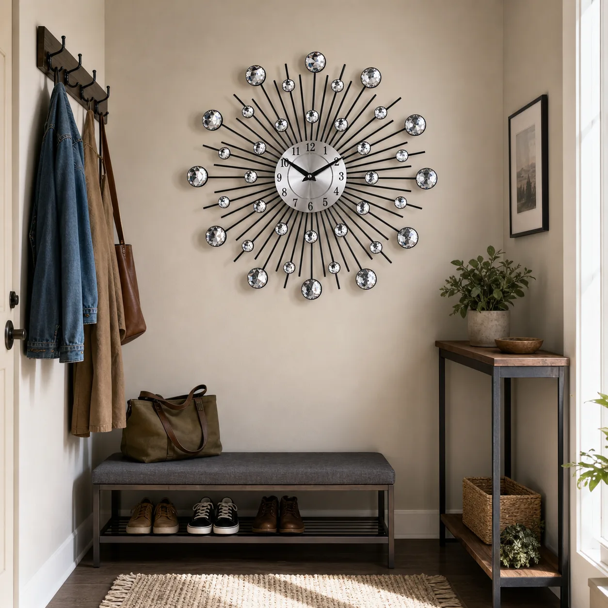Crystal Sunburst Wall Clock in Apartment Entryway Crystal sunburst wall clock mounted above a shoe bench in a compact apartment entryway