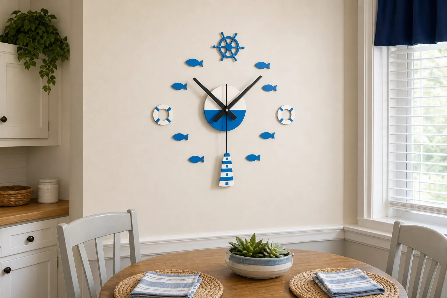 Nautical DIY Wall Clock Kit in a Dining Nook Nautical DIY wall clock kit with blue fish, ship wheel, life rings, and lighthouse pendulum on a dining nook wall