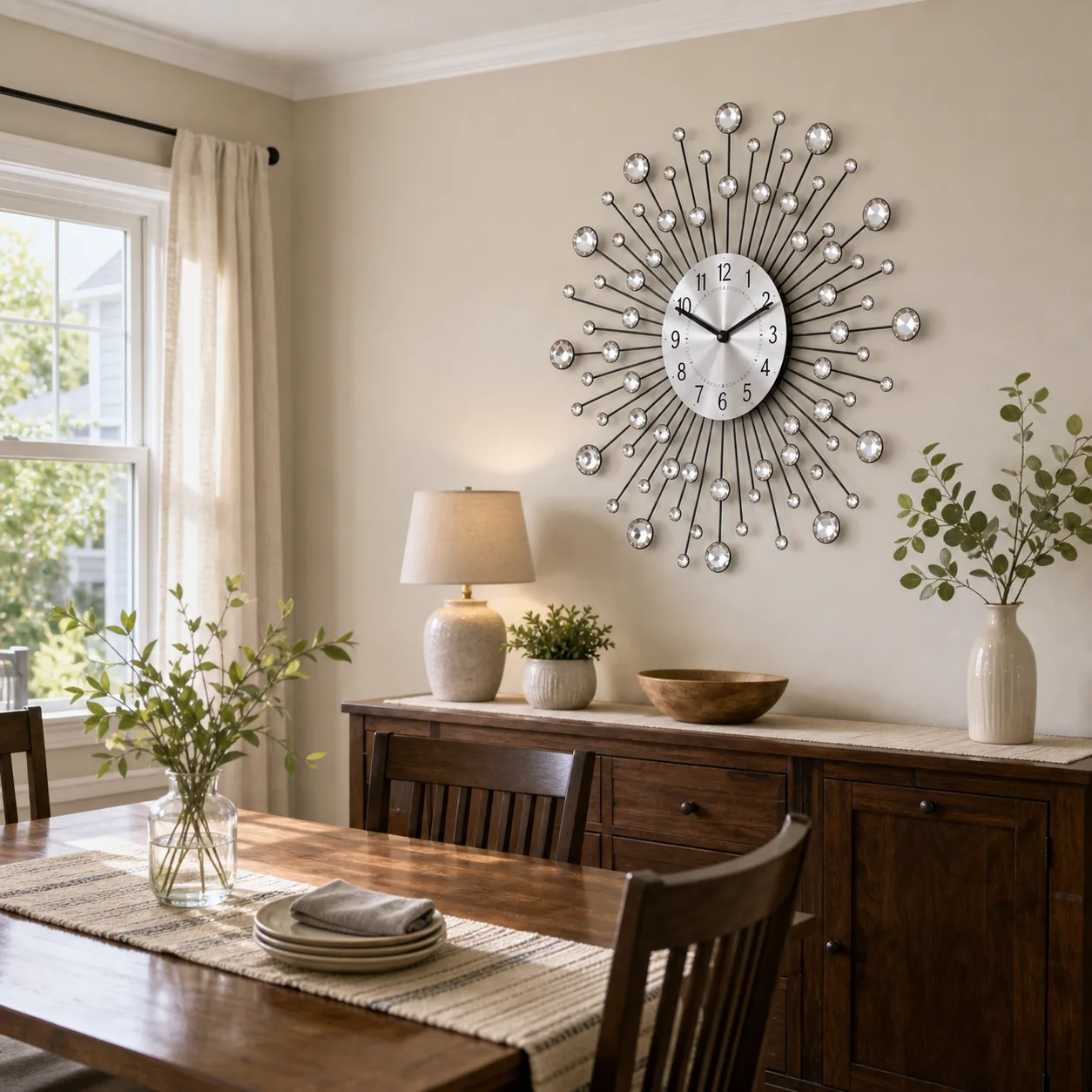 Crystal Sunburst Wall Clock in a Townhouse Dining Room Modern crystal sunburst wall clock mounted above a wood sideboard in a suburban dining room