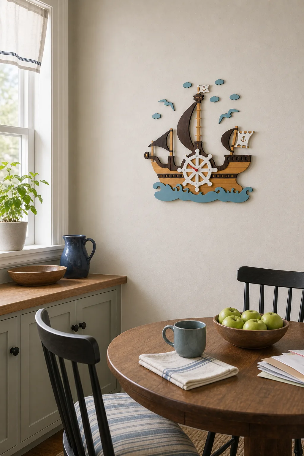 Nautical Ship Clock in a Dining Nook Nautical wooden ship wall clock with seagulls and clouds on a small family dining nook wall