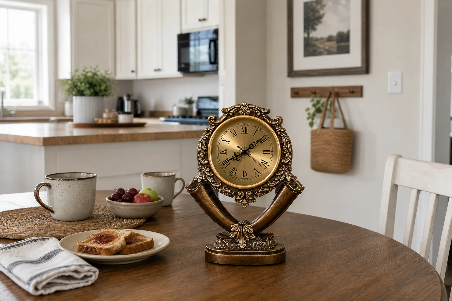 Ornate Vintage Desk Clock in Ranch Kitchen Nook Ornate vintage European style desk clock on a breakfast table in a ranch home kitchen nook